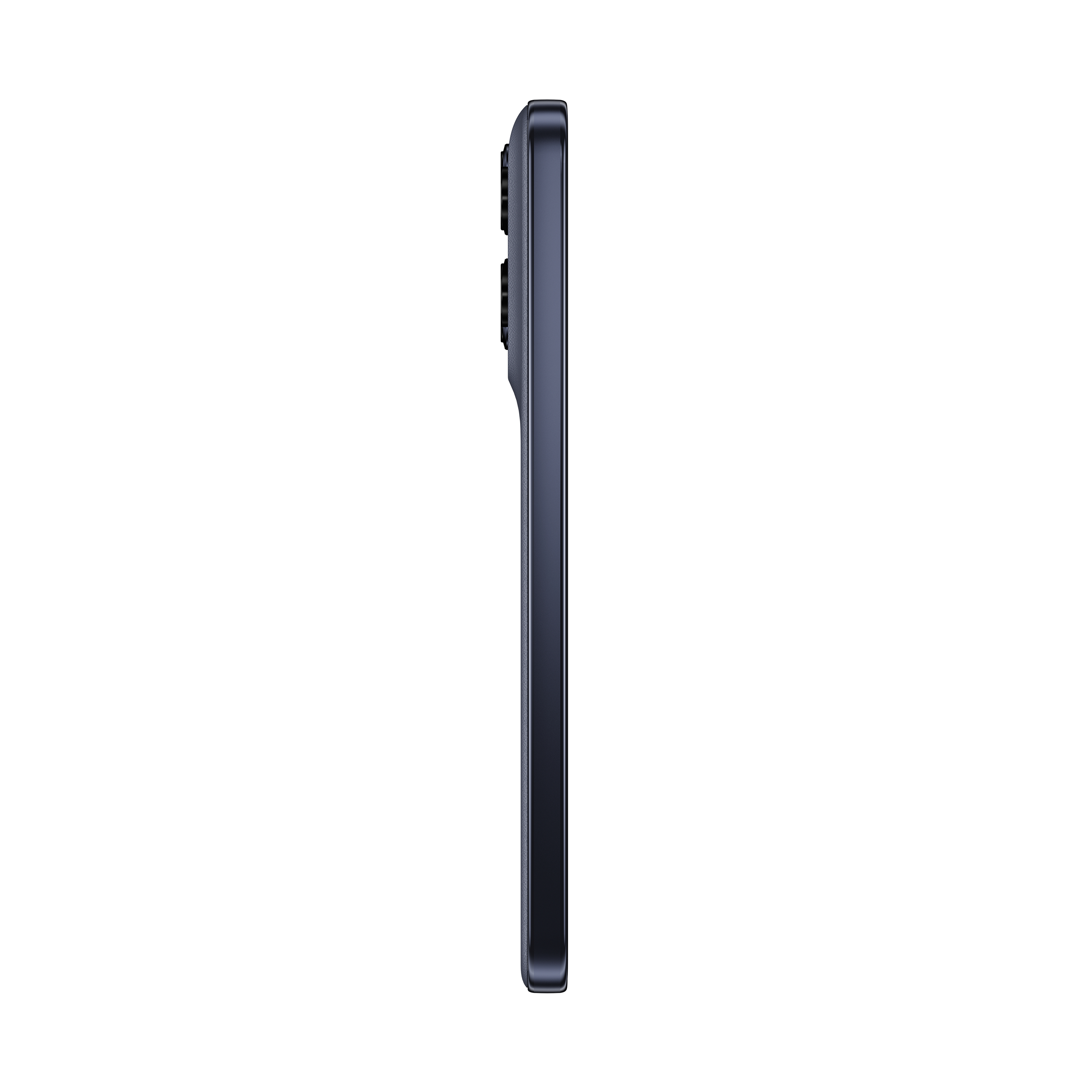 Seitenansicht eines dunkelblauen Smartphones. Das Telefon ist vertikal, mit Kanten und Kamera.