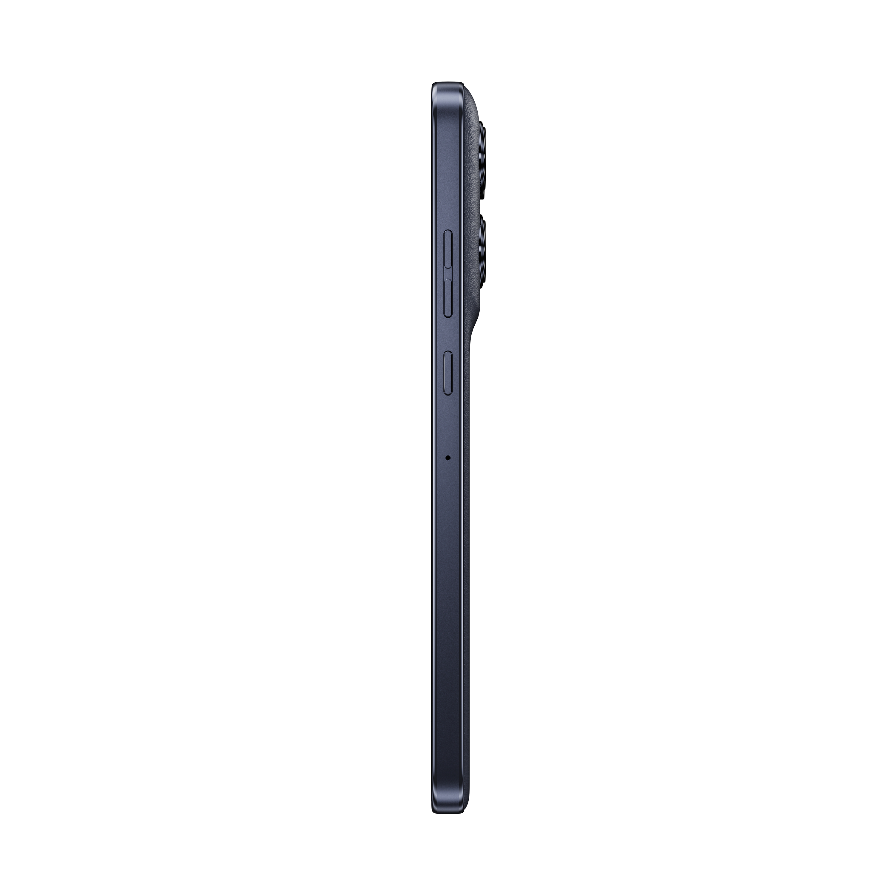 Seitenansicht eines dunkelblauen Smartphones. Knöpfe sind an der Seite sichtbar. Der Hintergrund ist weiß.