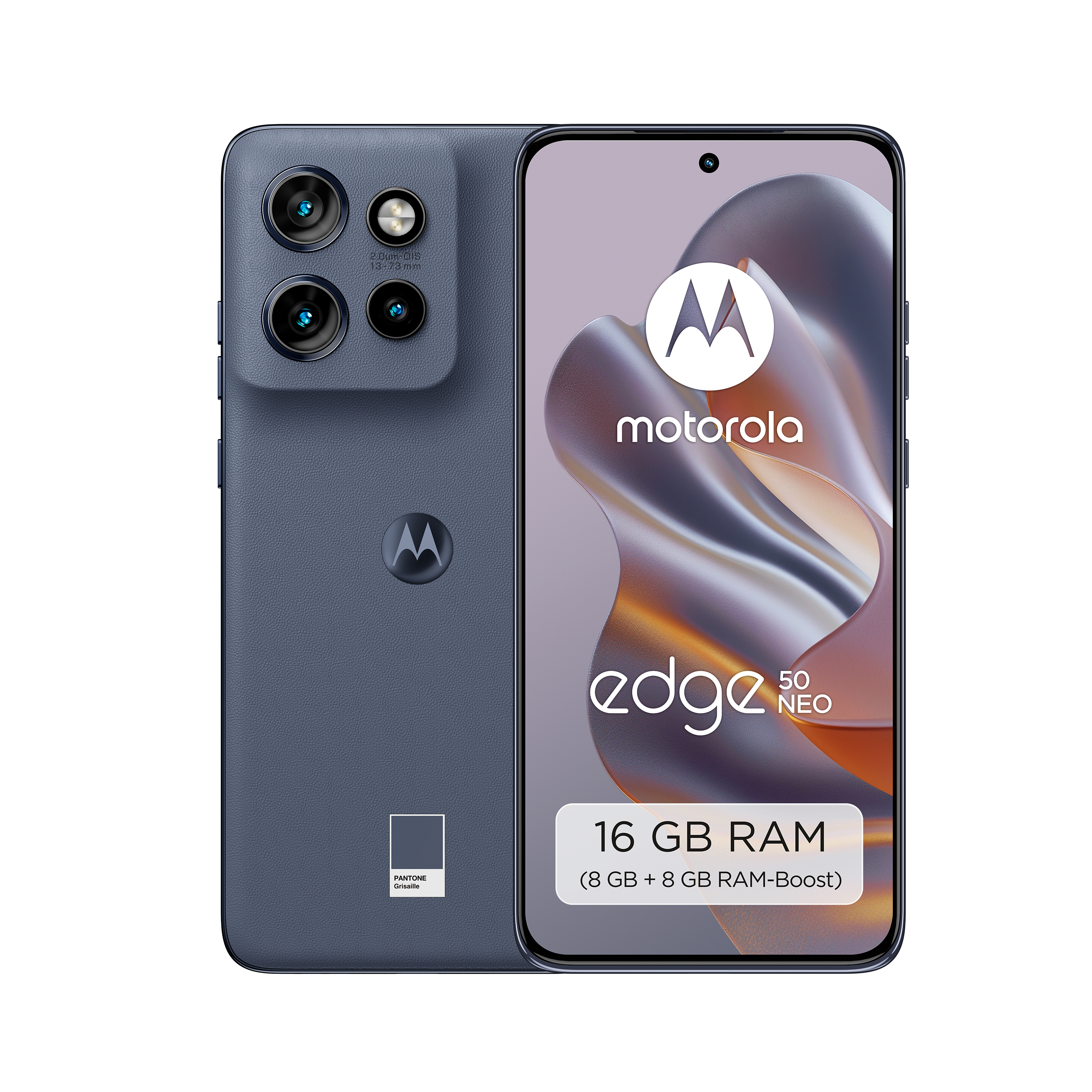 Motorola Edge 50 Neo Telefon. Blau, mit Kamera, Motorola-Logo und 16 GB RAM-Details auf dem Bildschirm.
