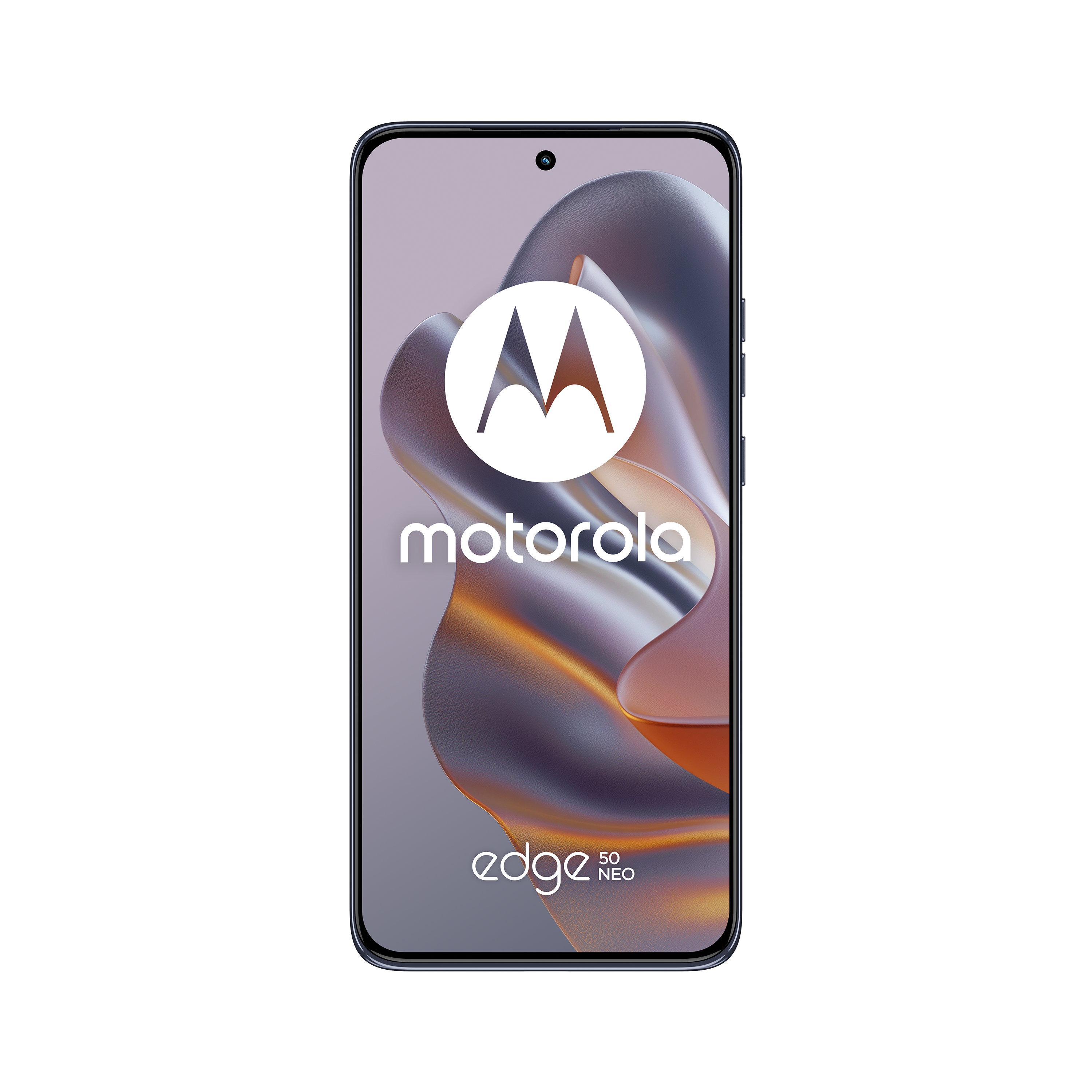 Ein Motorola Edge 50 Neo-Telefon auf weißem Hintergrund. Der Bildschirm zeigt das Motorola-Logo und den Text Edge 50 Neo.
