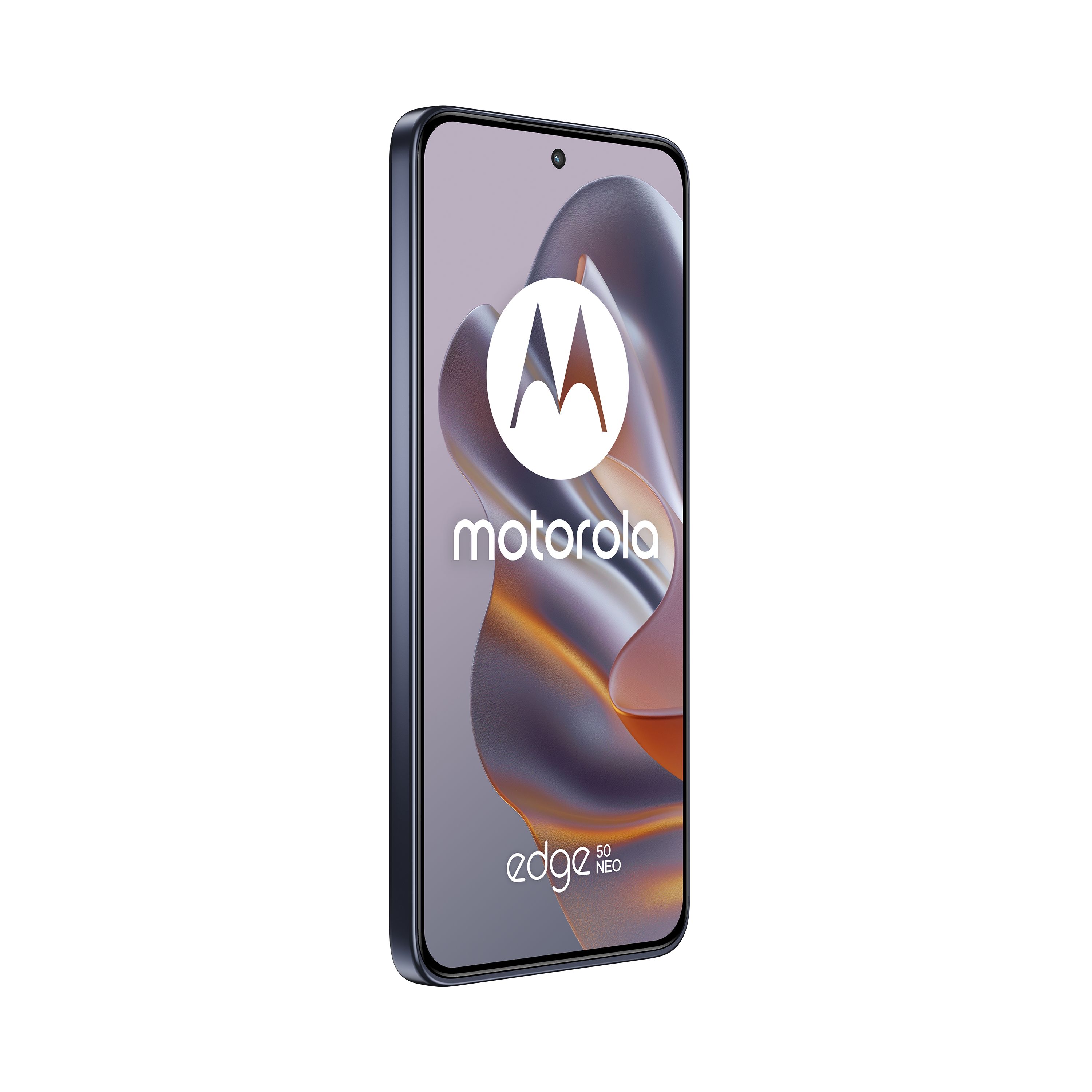Ein Motorola Edge 50 Neo-Telefon wird gezeigt. Der Bildschirm zeigt das Motorola-Logo und das Edge 50 Neo-Branding. Der Hintergrund ist weiß.
