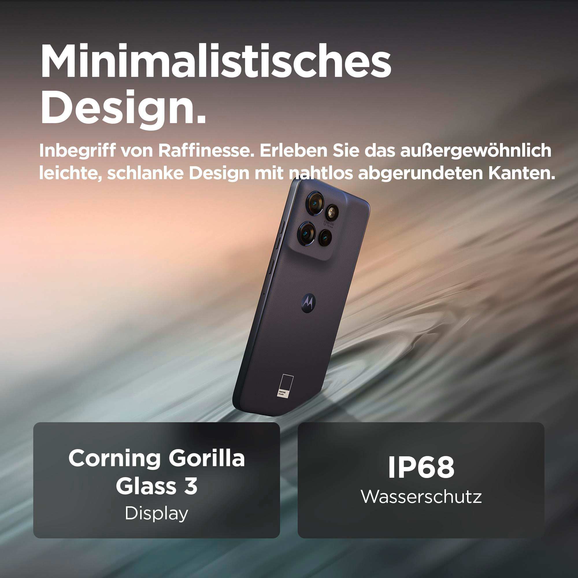 Ein dunkles Smartphone mit mehreren Kameras, Text über das Display und Wasserschutz werden gezeigt.