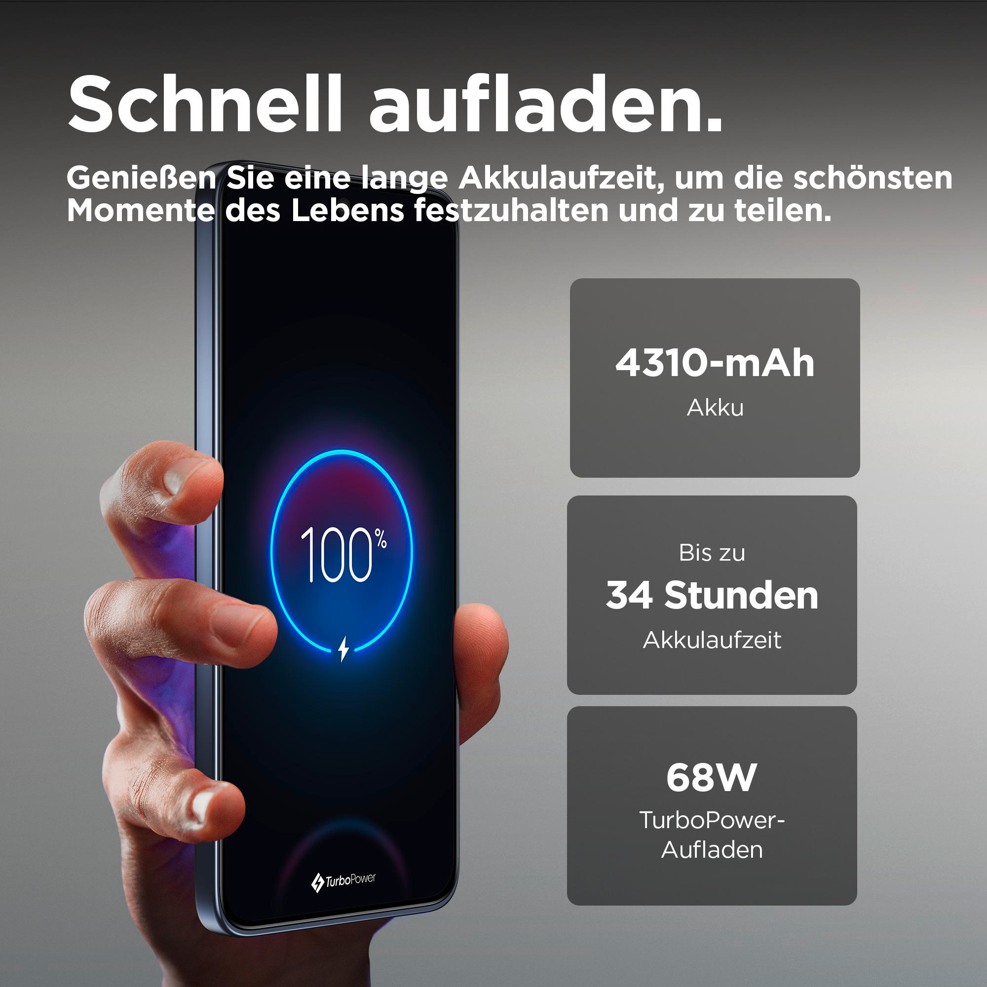 Hand, die ein Telefon mit 100 % Ladung hält. Text: Schnell aufladen. Informationsboxen: Akku, Akkulaufzeit und TurboPower.