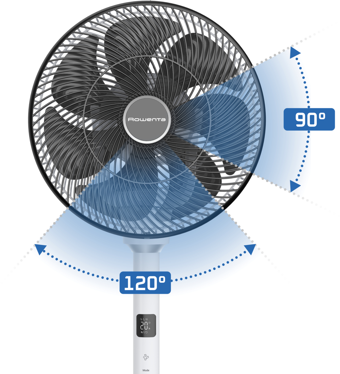Fekete-szürke ventilátor fehér állvánnyal. 120 és 90 fokos oszcillációs tartományt mutat. A kijelzőn '20' látható. Rowenta logó látható.