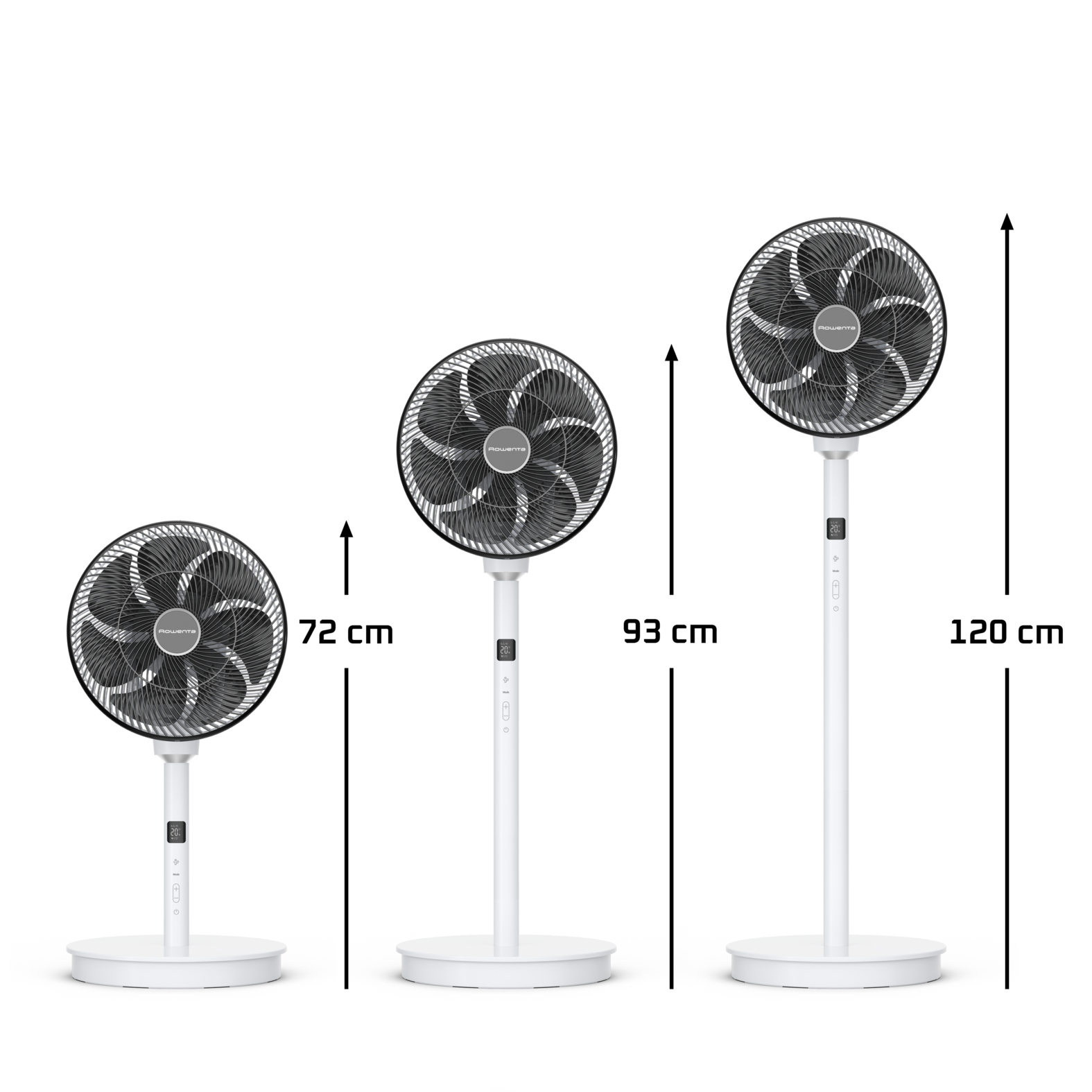Három különböző magasságú fehér ventilátor, fekete ráccsal, fehér háttérrel. Méretek: 72, 93 és 120 cm.