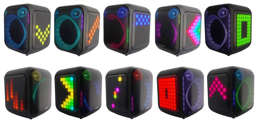 Dziesięć czarnych, kwadratowych głośników z różnymi pikselowymi wyświetlaczami świetlnymi. Niektóre pokazują serca, strzałki i inne symbole.