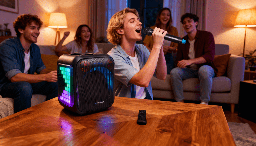 Młody mężczyzna śpiewa do mikrofonu, z przyjaciółmi i głośnikiem na stole. Głośnik ma kolorowe światła.