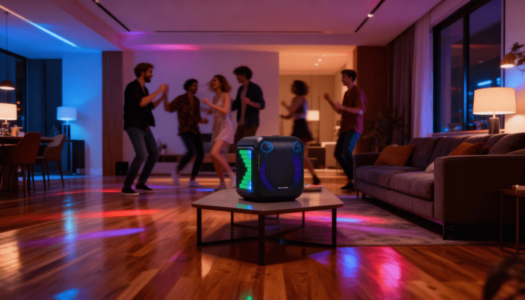 Ludzie tańczą na imprezie w pokoju z głośnikiem na stole. Kolorowe światła oświetlają pokój.
