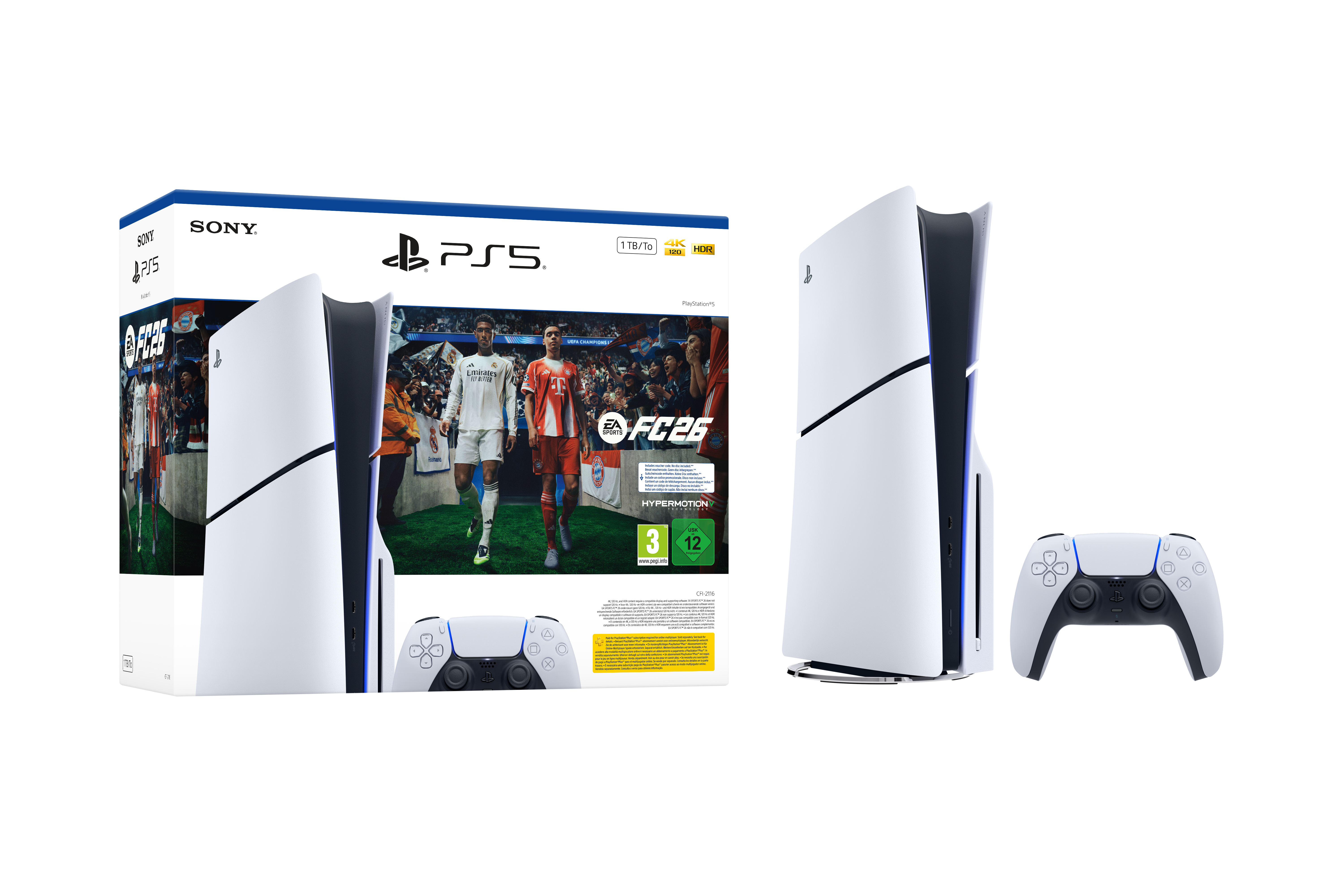 Eine PlayStation 5 Konsole, Box und Controller auf weißem Hintergrund. Die Box zeigt EA FC26.