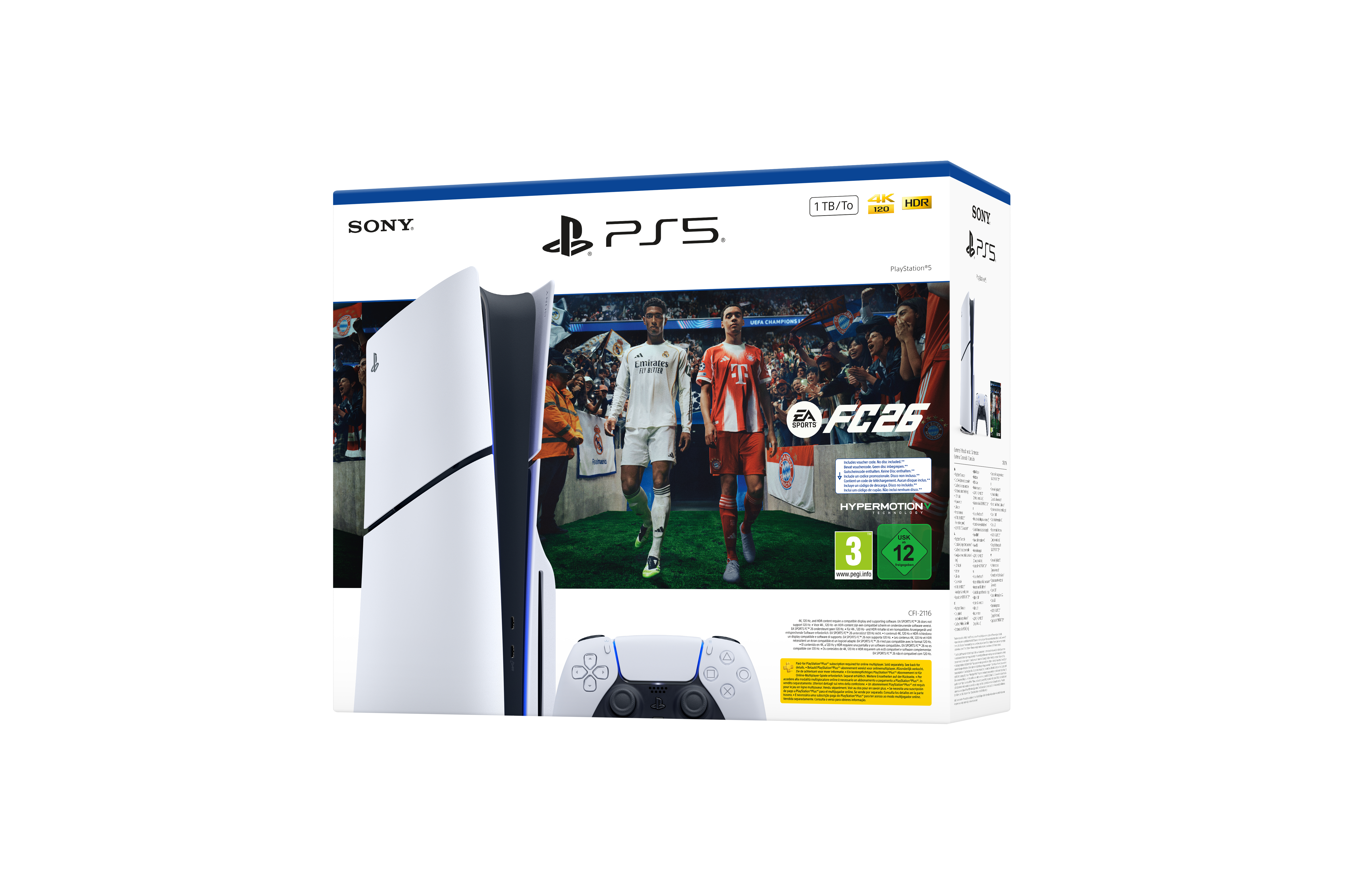 PS5-Konsolenbox mit EA FC26. Zeigt Spieler, Controller und Spieldetails. Weißes und schwarzes Design.