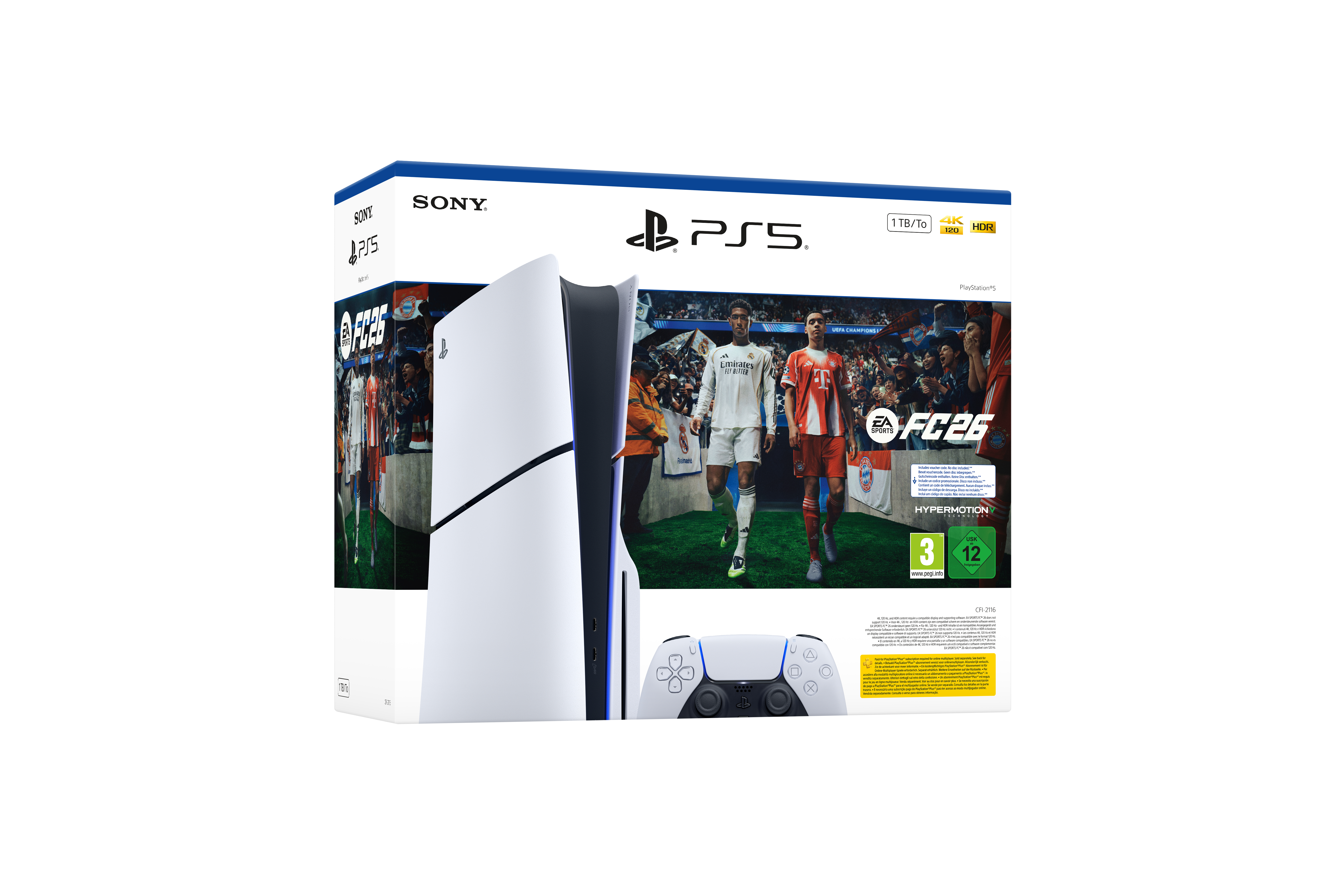 PS5-Konsolenbox mit Spielgrafik. Weiße Konsole und Controller unten. Fußballspieler auf der Box.