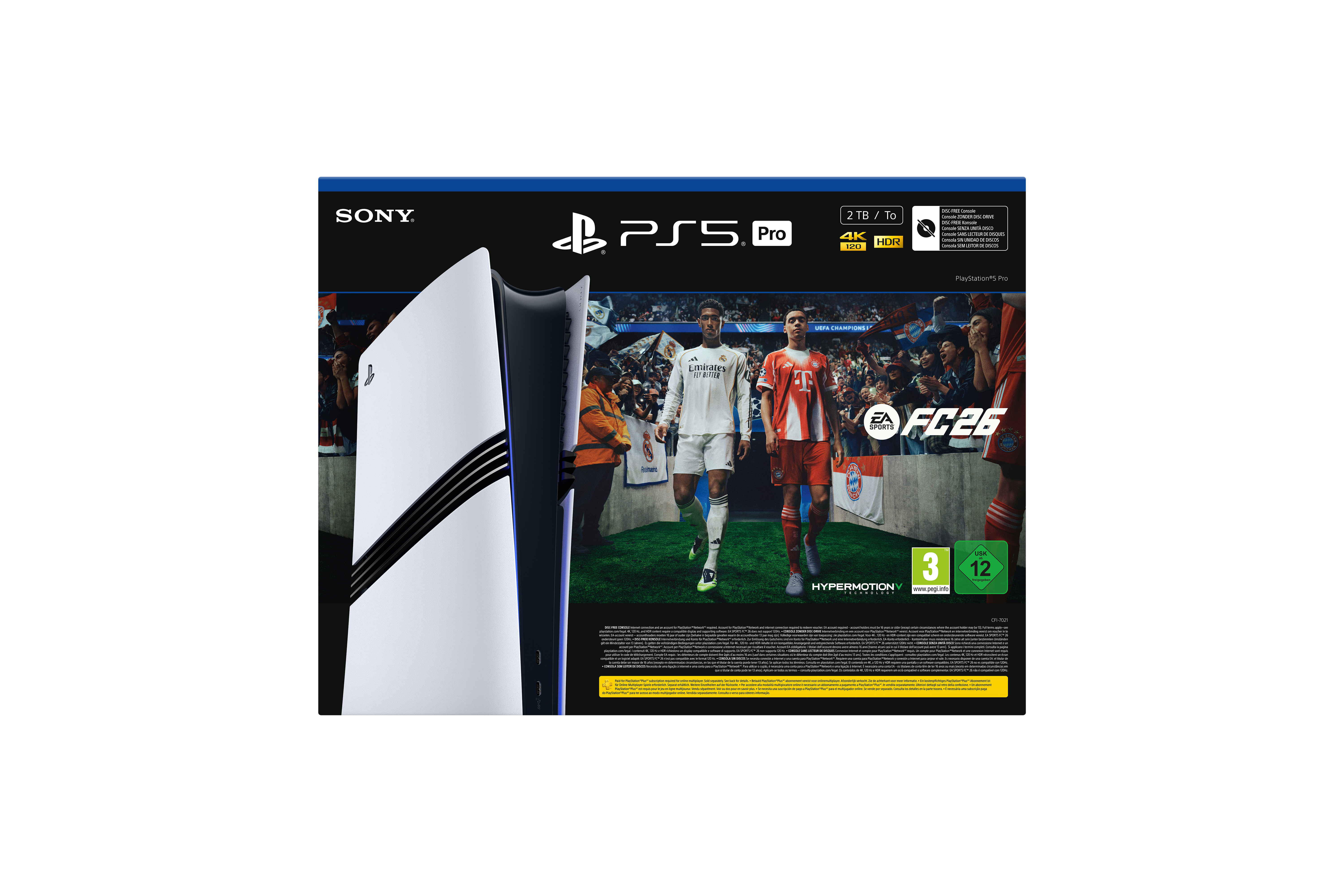 PS5 Pro Spielbox mit zwei Fußballspielern und einem Konsolenbild auf weißem Grund.