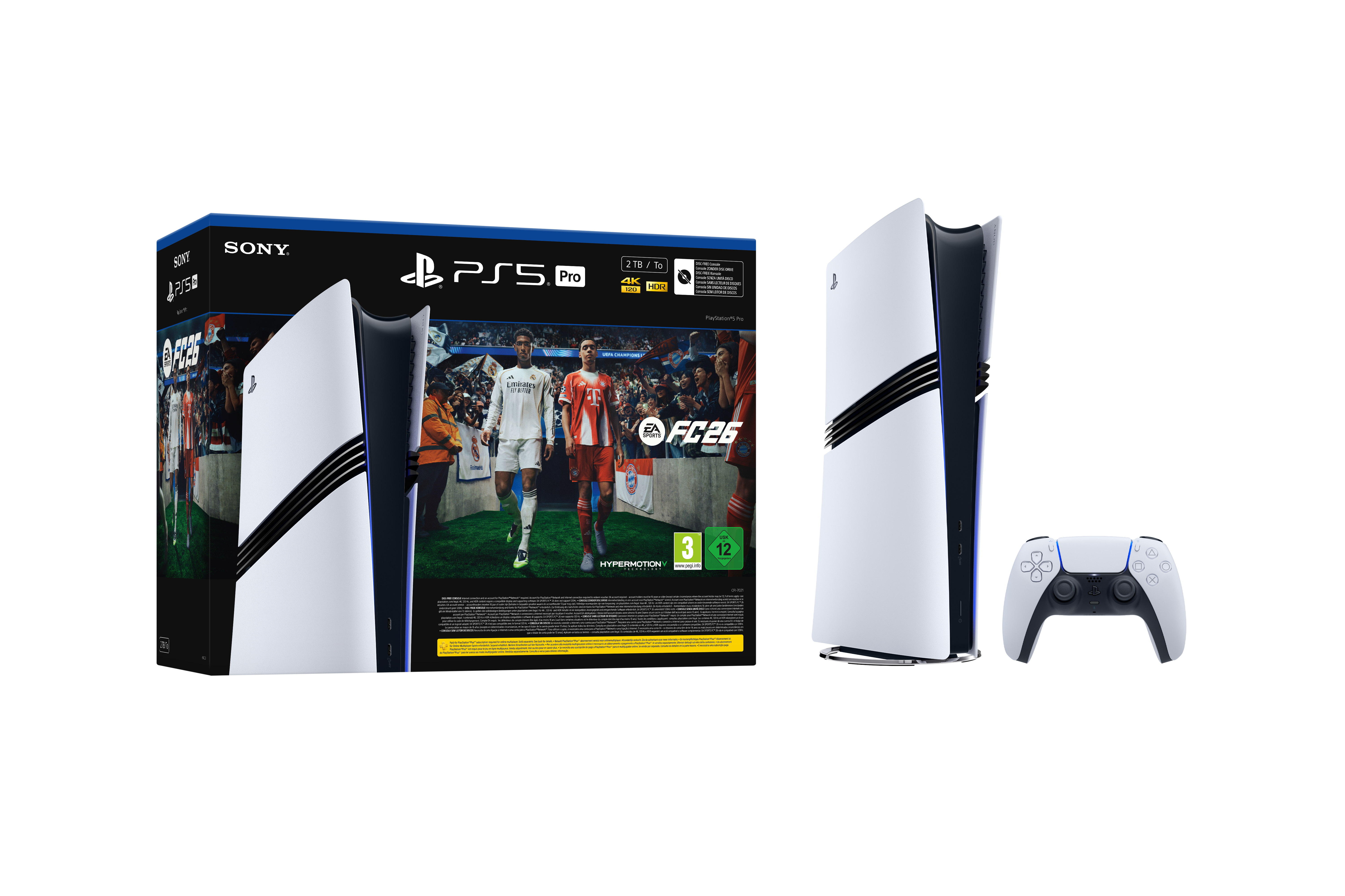 PS5-Konsole, FC26-Spielbox und Controller. Weißes und schwarzes Design. Spielbox zeigt Fußballspieler.
