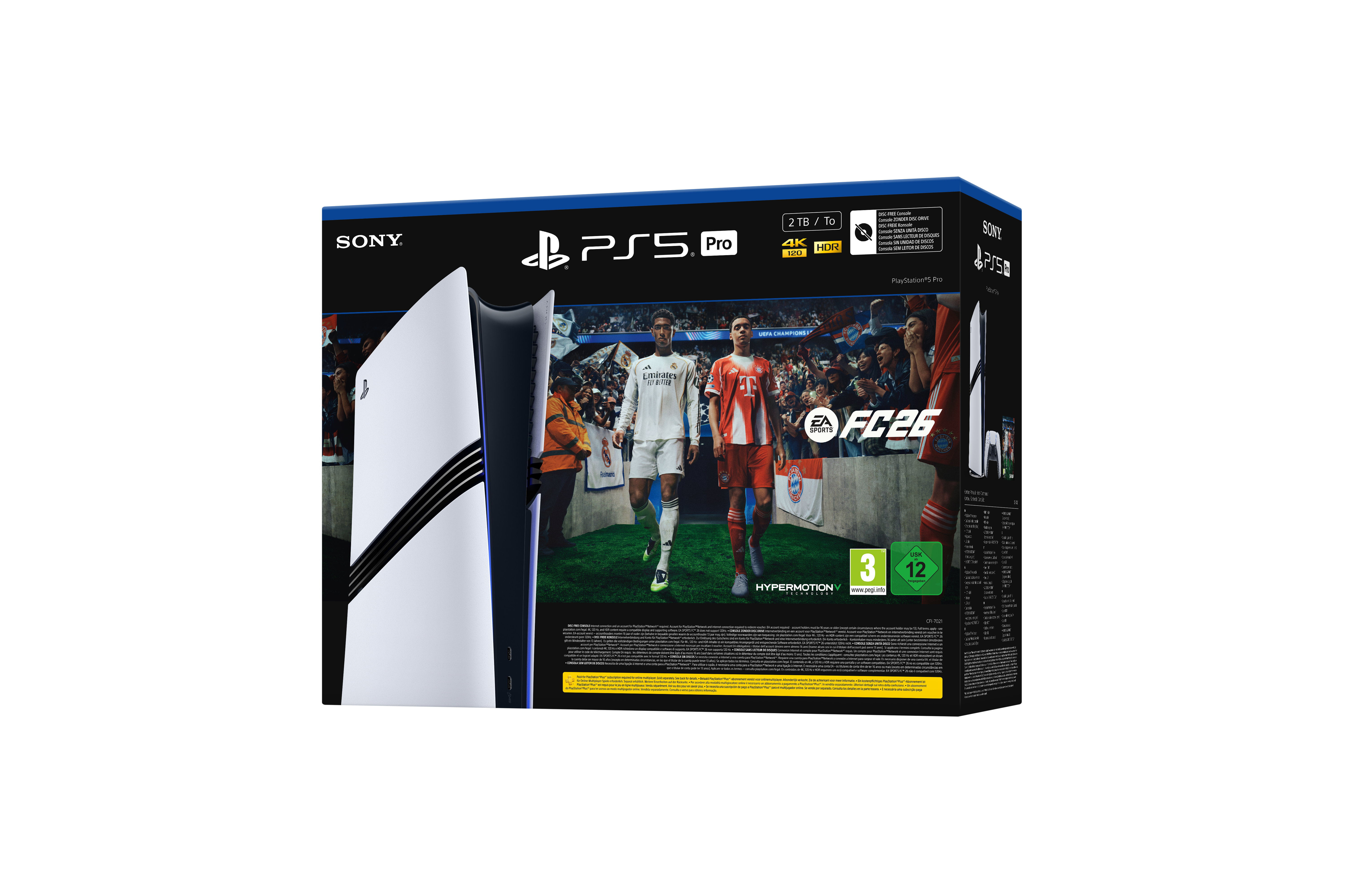 PS5 Pro-Box mit Spielcover mit Fußballspielern und der Konsole. Weißes und schwarzes Design.