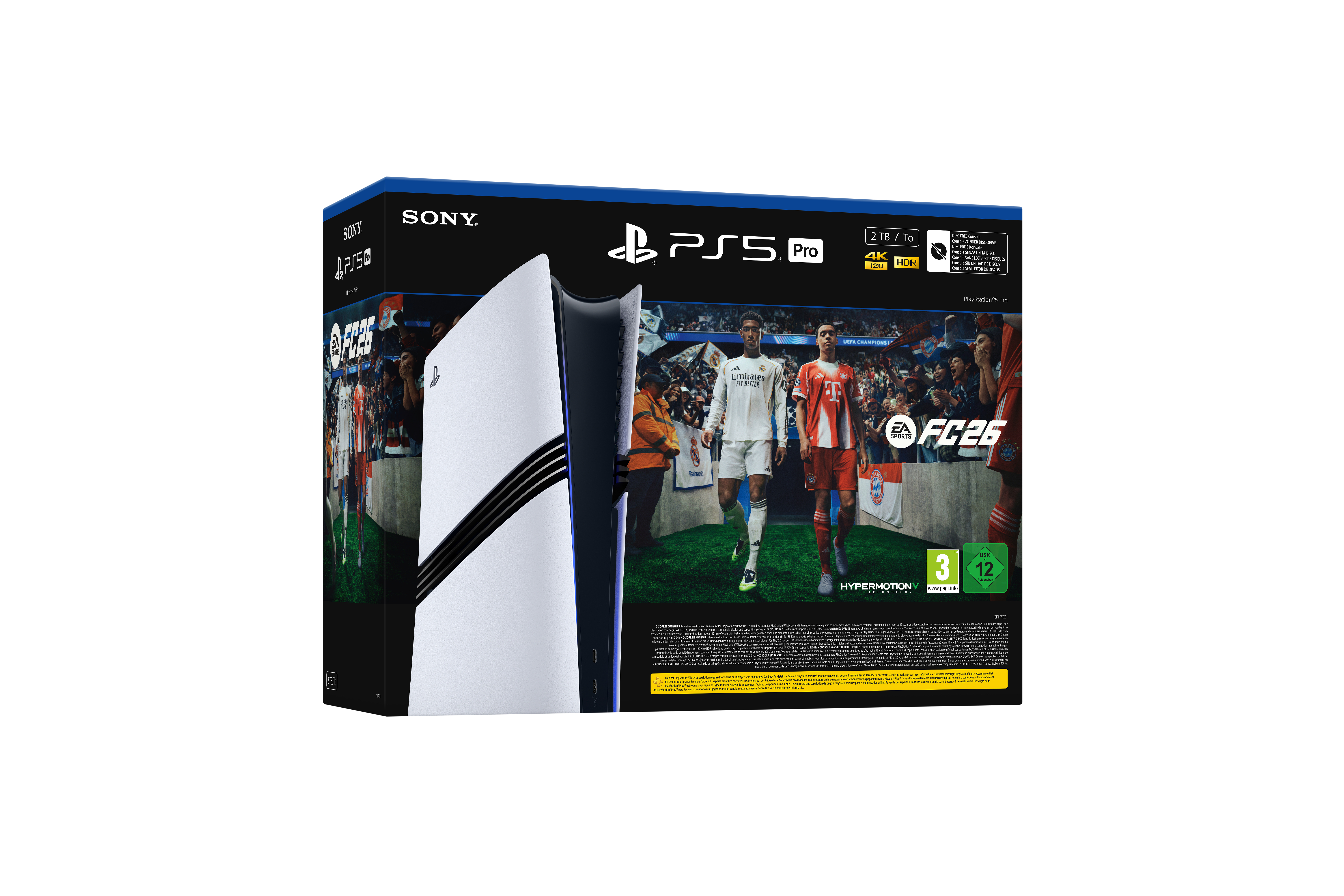 PS5 Pro Spielbox. Zeigt Fußballspieler und das Spiel 'FC26'. Es hat ein weißes Konsolenbild.