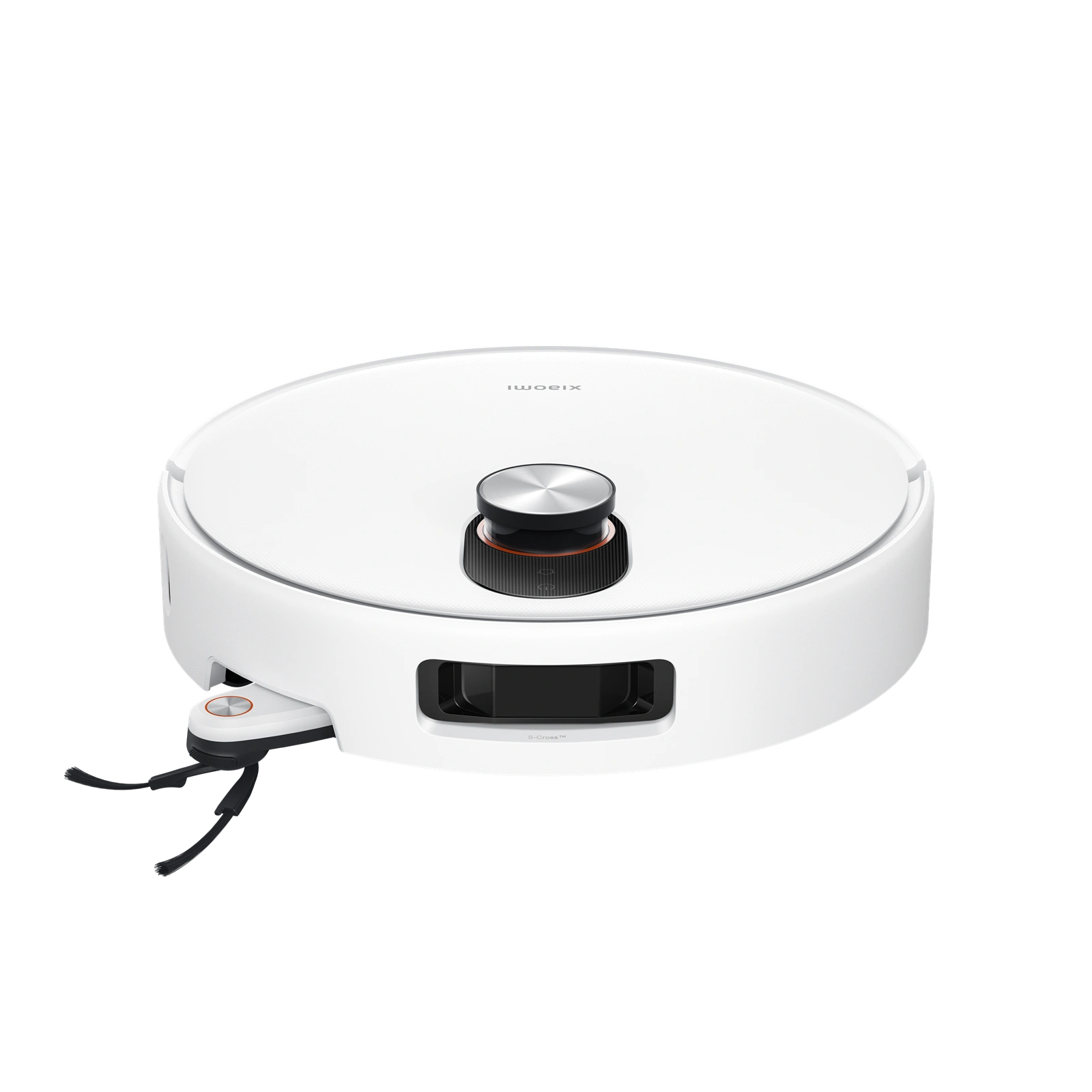 Egy fehér robotporszívó. Van egy központi fekete-ezüst érzékelője, egy oldalkeféje és a Xiaomi logója.