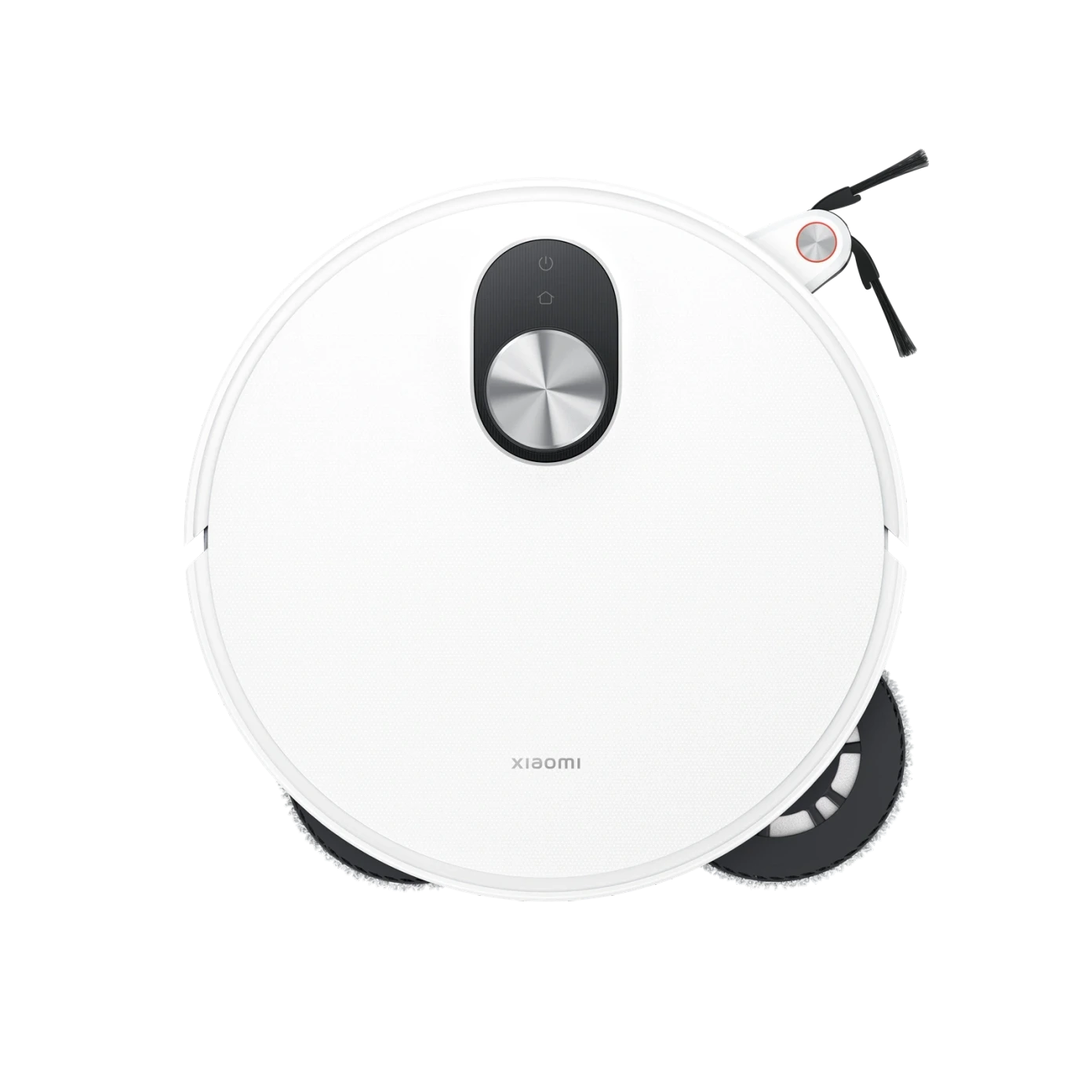Egy fehér Xiaomi robotporszívó fekete tetővel. Kerek formájú, tisztítókefével és két tisztítópárnával.