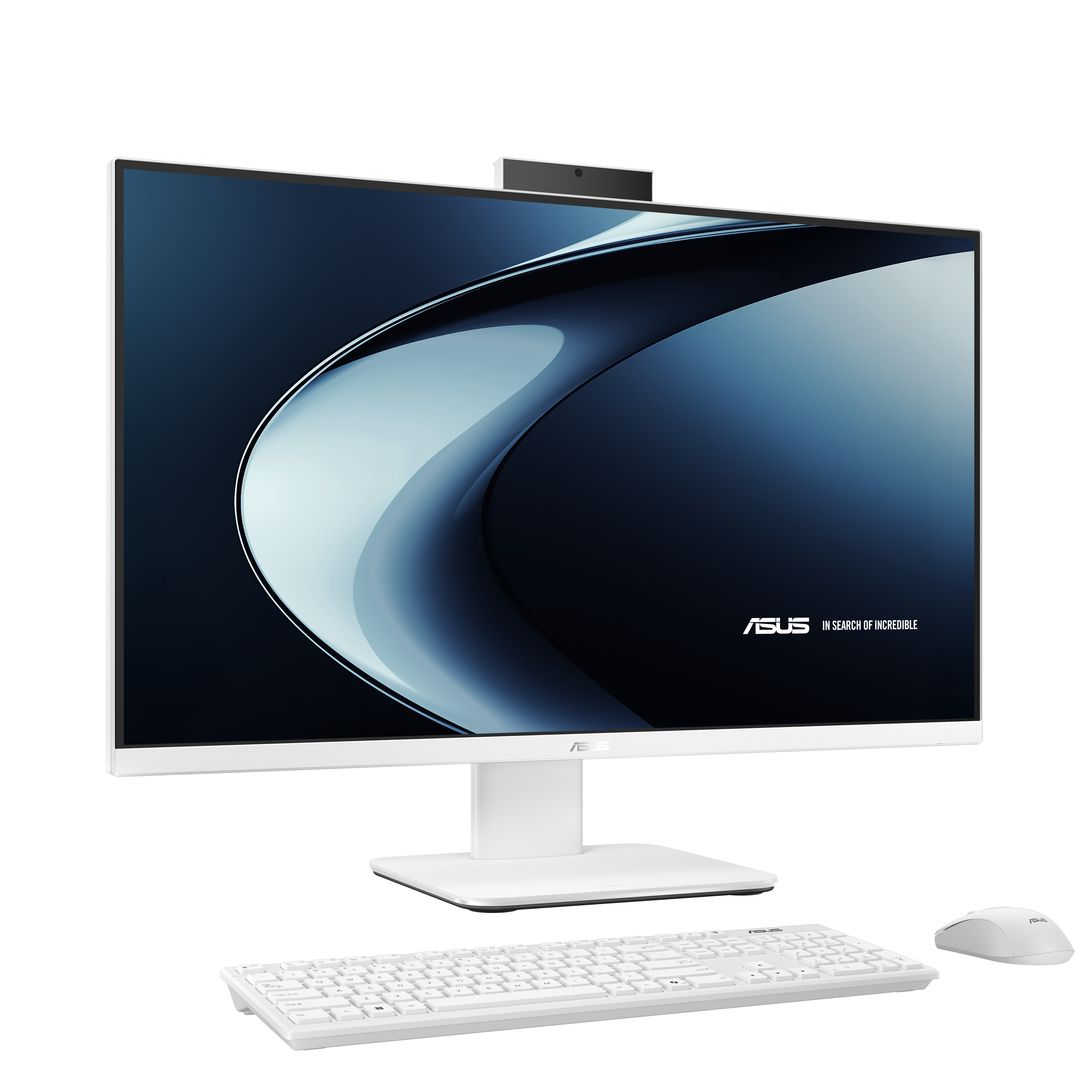 Weißer ASUS-All-in-One-Computer. Er hat einen Monitor, eine Tastatur, eine Maus und eine Webcam. Der Bildschirm zeigt blaue und weiße Wellen.