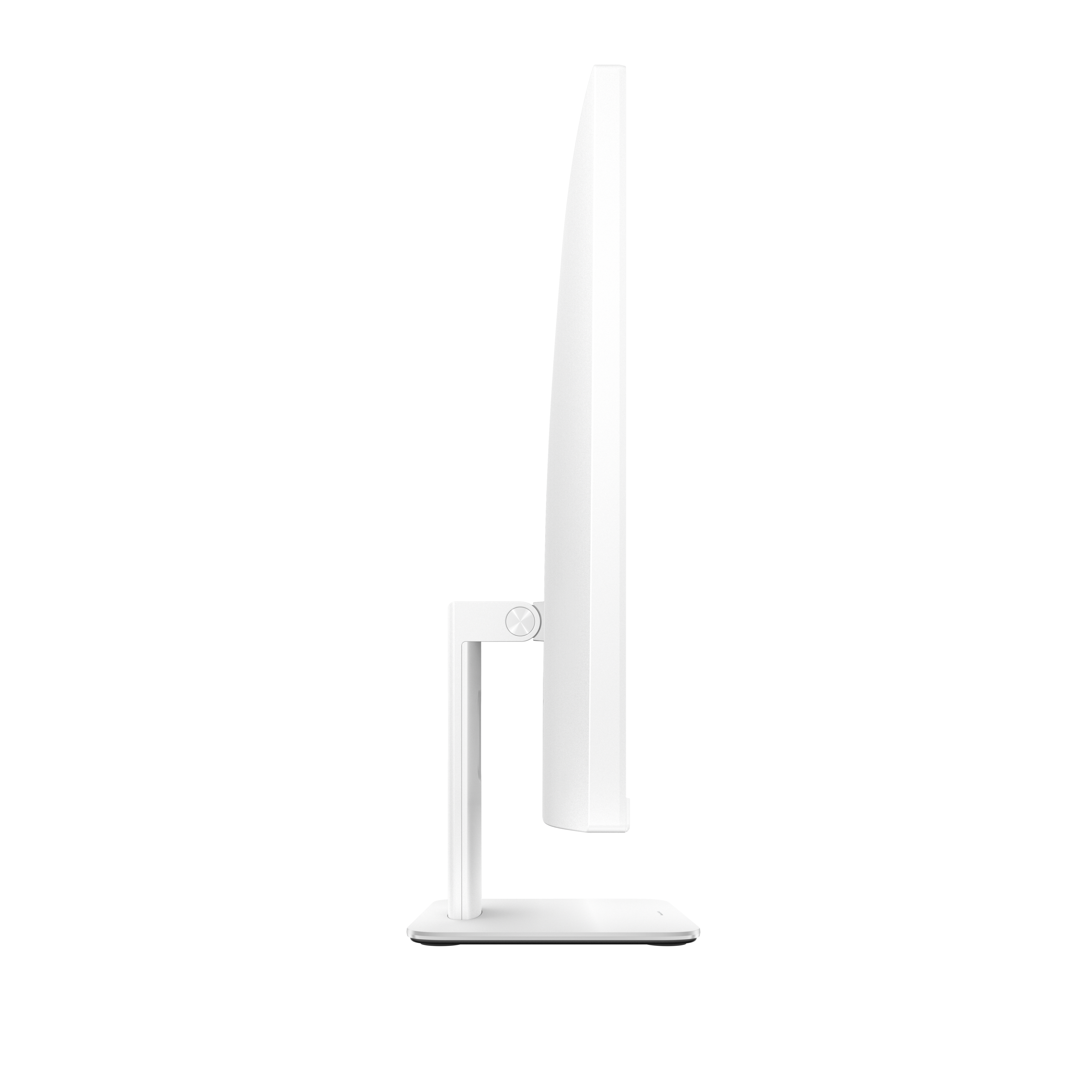 Ein weißer Computermonitor ist von der Seite zu sehen. Der Bildschirm ist dünn. Die Basis ist rechteckig und weiß.
