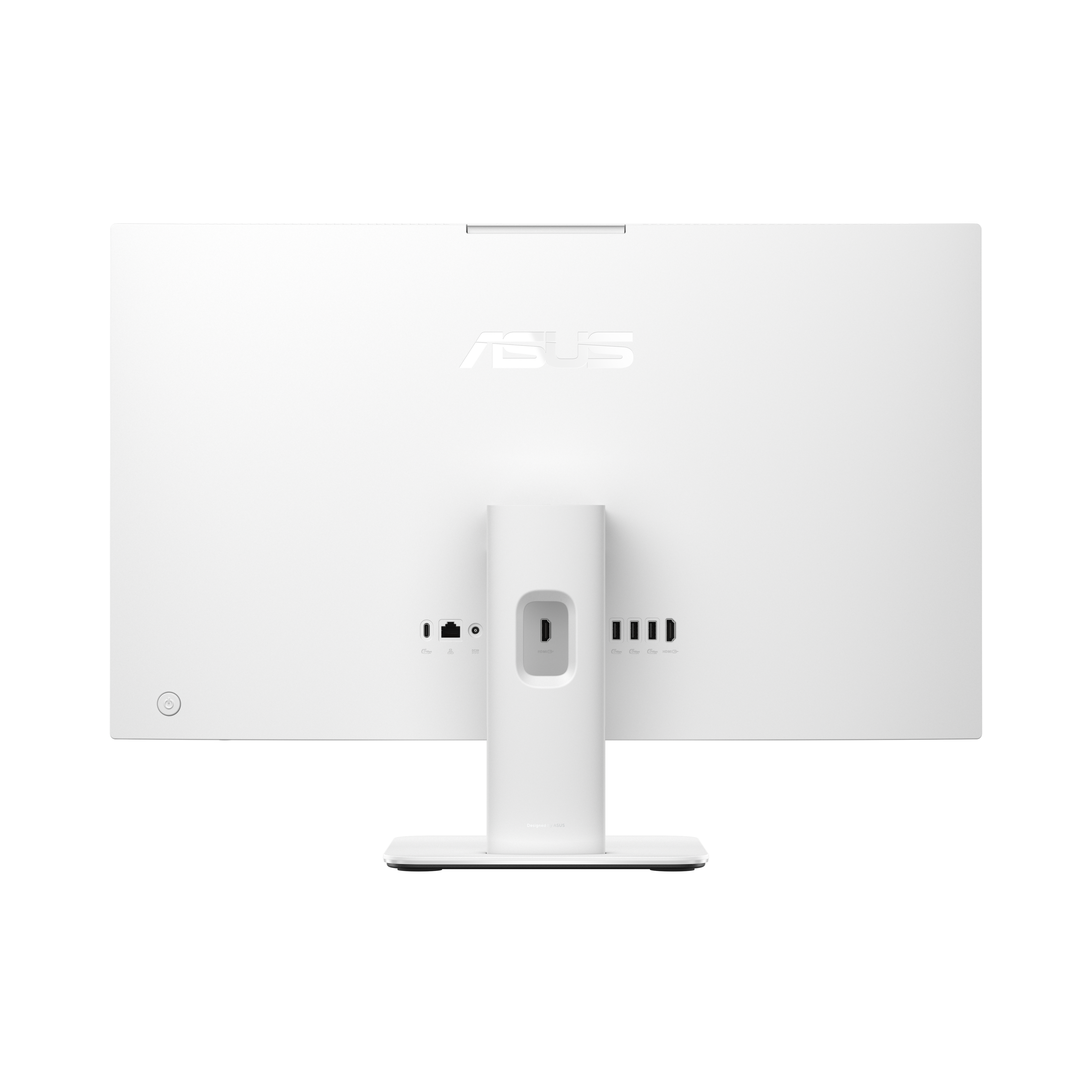 Weiße ASUS-Monitor-Rückansicht. Mit Ständer, Anschlüssen und ASUS-Logo. Ein/Aus-Taste sichtbar.