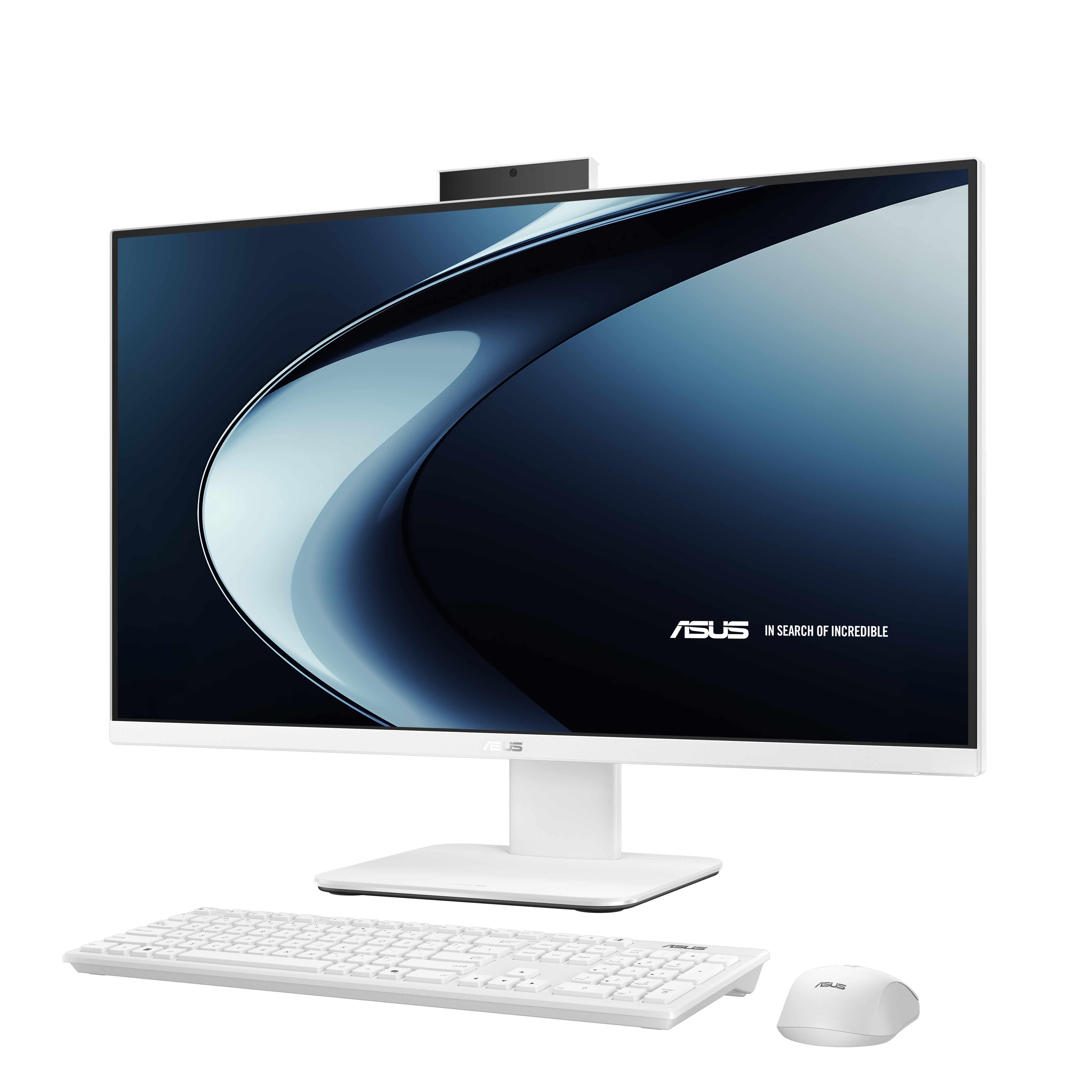 Weißer All-in-One-Computer mit Monitor, Tastatur und Maus. Der Bildschirm zeigt ein blaues Wellendesign.
