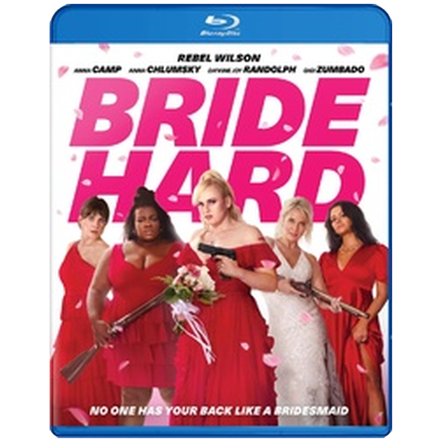 L'affiche du film montre un groupe de femmes en robes rouges et une mariée en blanc. Elles tiennent des armes. Le titre est "Bride Hard".