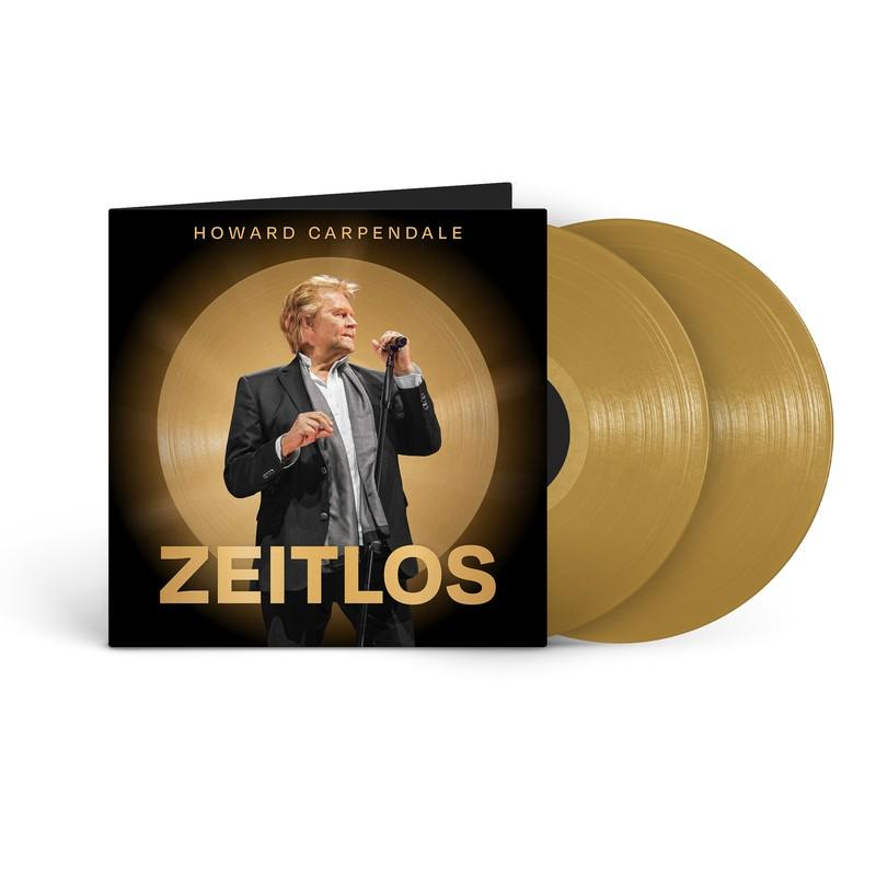 Albumcover: Howard Carpendale mit Mikrofon. Goldene Schallplatten rechts. Der Titel ist ZEITLOS.