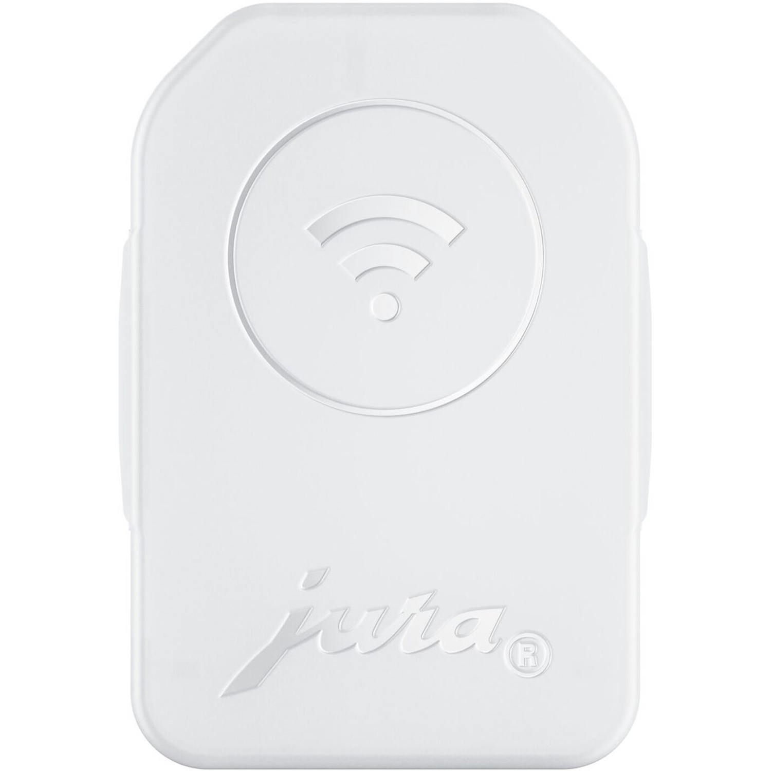 White rectangular device with rounded top. Contains a WiFi symbol and the Jura logo. The background is white.