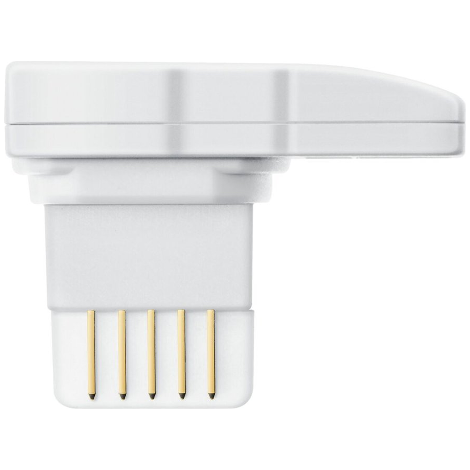 A white electronic component with gold pins, viewed from the side. It has a rectangular body and a protruding section.