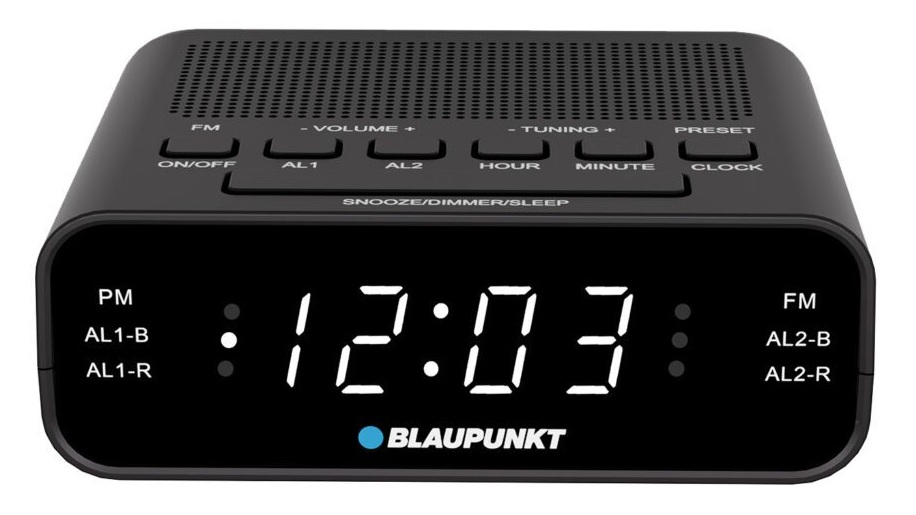 Czarny cyfrowy budzik wyświetlający 12:03 z przyciskami funkcyjnymi. Marka to Blaupunkt.