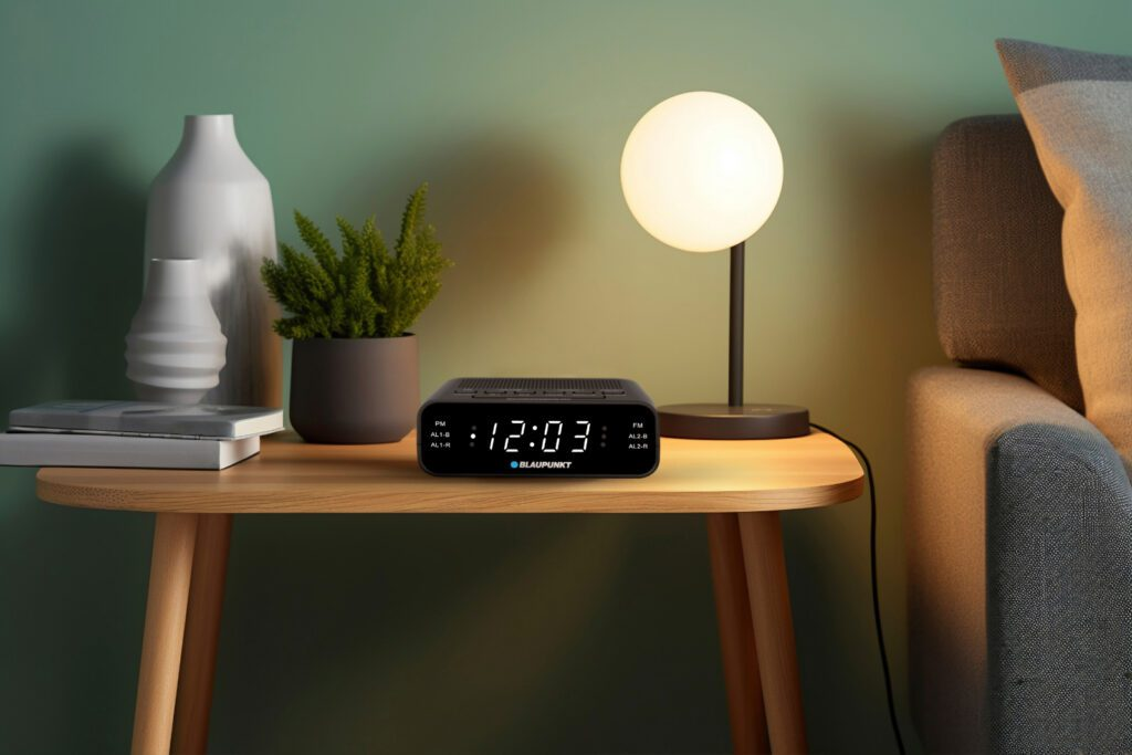 Szafka nocna z zegarem, lampą, wazonem i rośliną. Zegar pokazuje 12:03. W tle znajduje się łóżko.