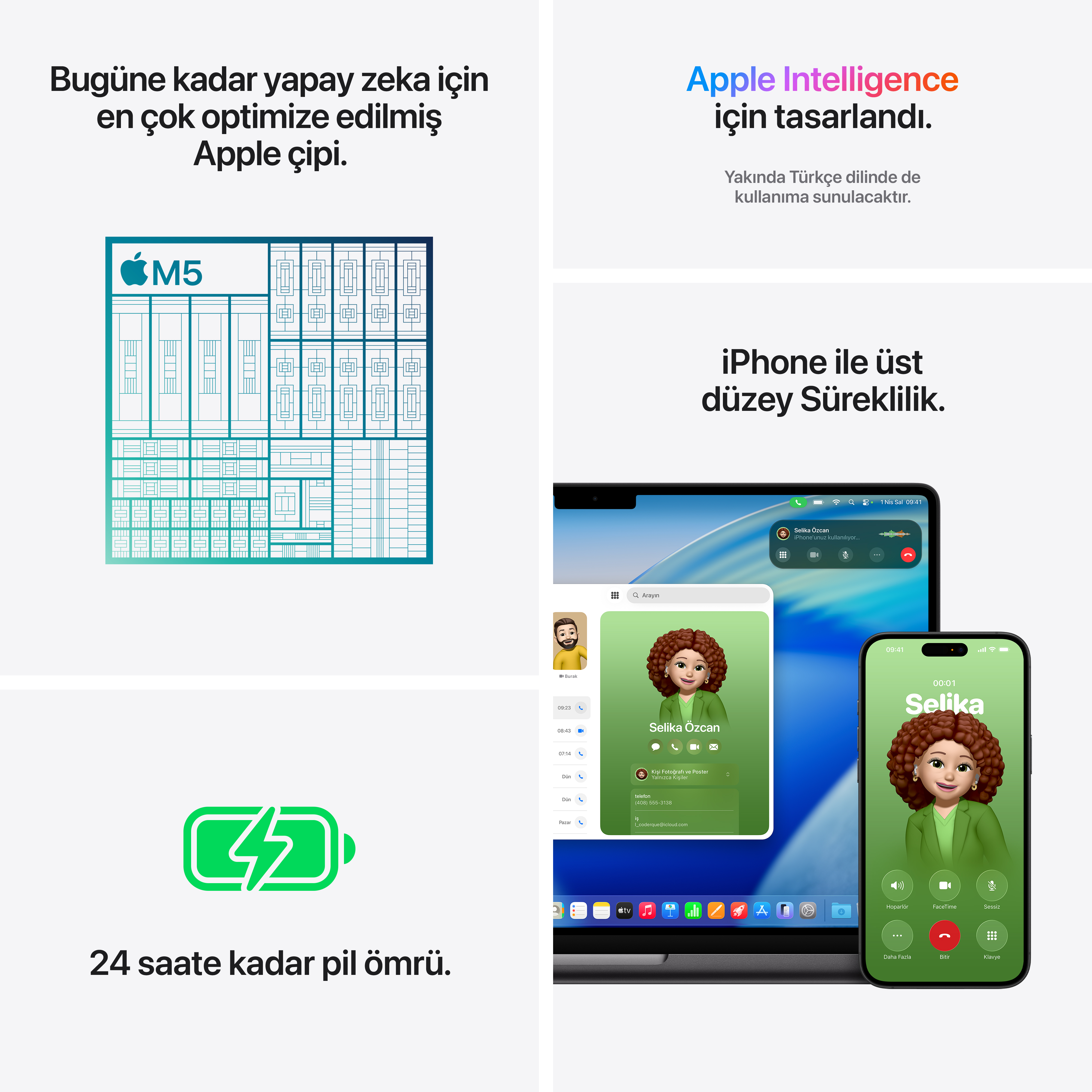 Apple M5 çip diyagramı, iPhone ve dizüstü bilgisayarın görüntülü görüşme gösterdiği ve 24 saat pil ömrü olan bir resim.