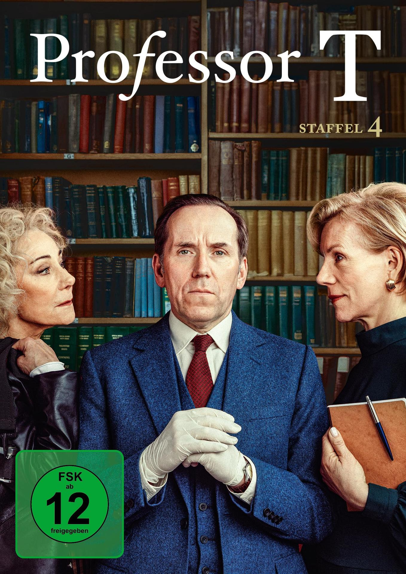 Poster für Professor T, Staffel 4. Zeigt drei Personen vor einem Bücherregal. Unten links ein grünes Logo.