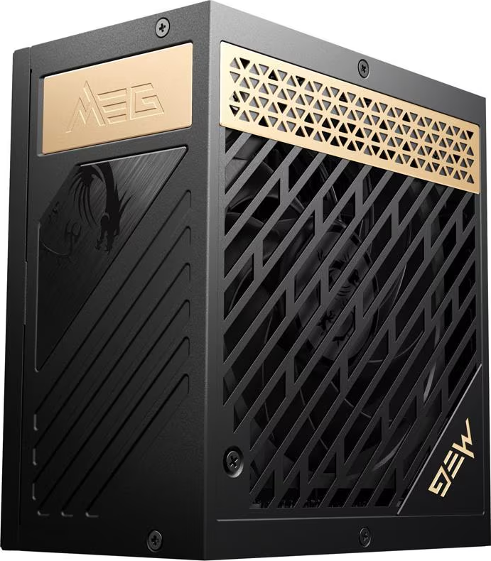 Alimentatore per computer nero con dettagli dorati. Logo 'MEG' e drago. Include ventilazione e griglia metallica.