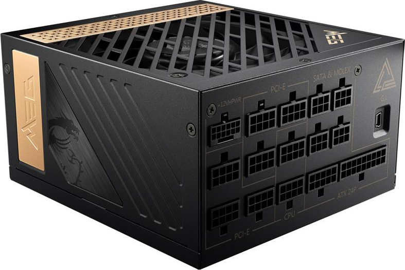 Alimentatore per computer nero. Ha varie porte e connettori etichettati. Accenti dorati e logo del drago.