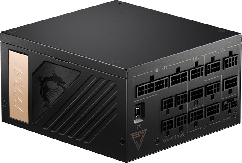 Alimentatore MSI nero con logo del drago, connettori etichettati ATX, PCI-E, SATA & MOLEX. Accenti bronzo e varie porte visibili.