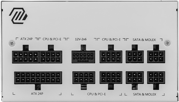 Ein Computer-Netzteil mit verschiedenen Anschlüssen, darunter ATX, CPU und SATA, auf der Frontplatte gekennzeichnet.