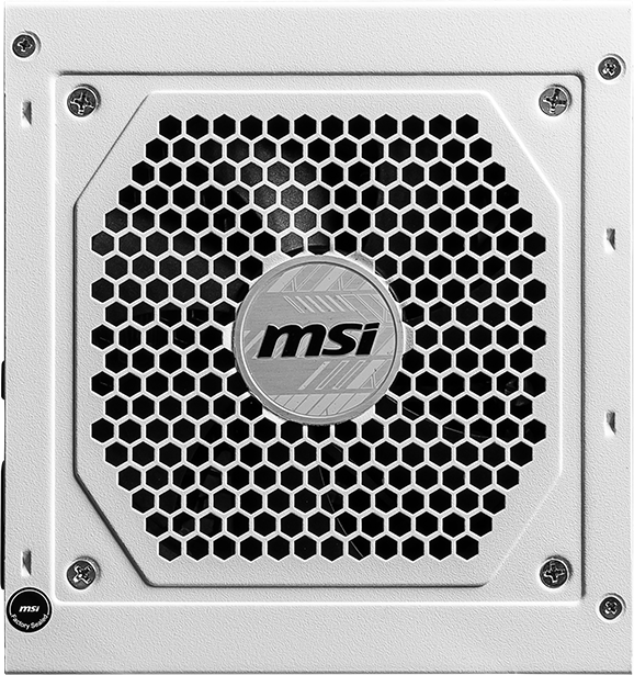 Weißes Computer-Netzteil. Sechseckiger Grill in der Mitte. MSI-Logo in der Mitte. Schrauben an den Ecken.