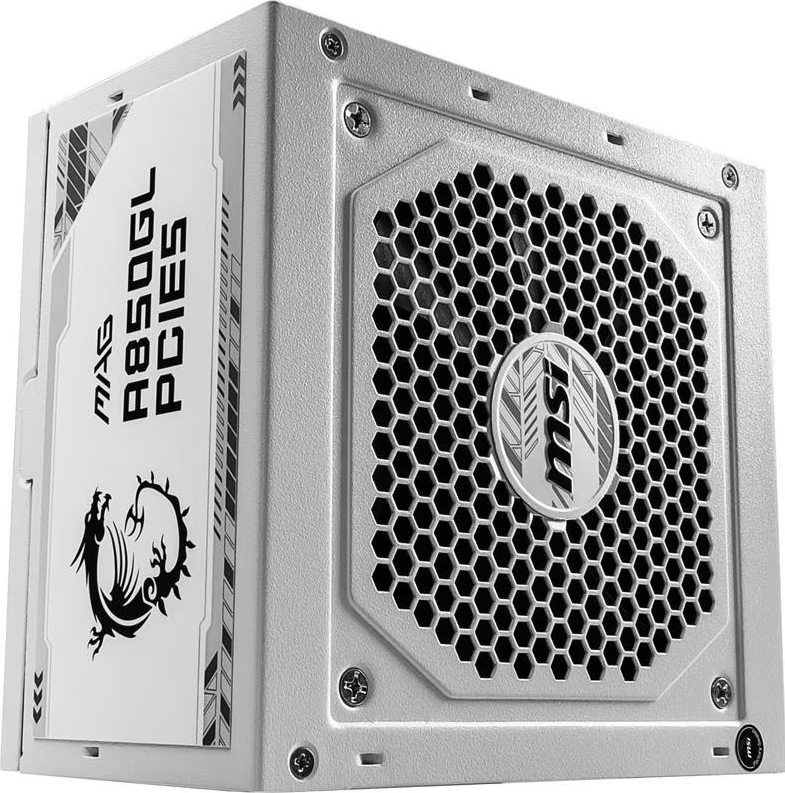 Ein weißes MSI MAG A850GL PCIE Netzteil. Es hat ein Wabengitter, ein Drachenlogo und das MSI-Logo in der Mitte.