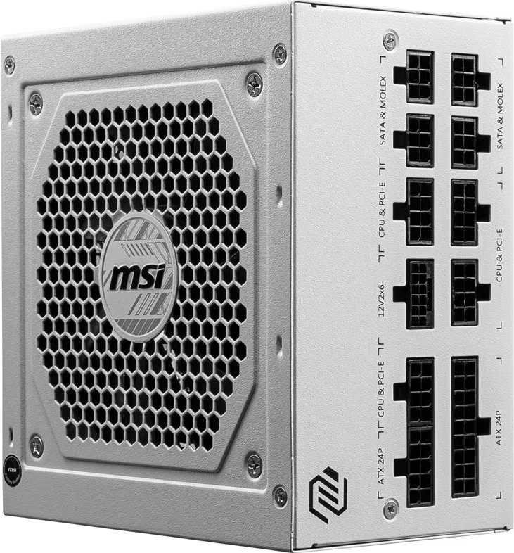 Ein silbernes MSI-Netzteil. Es hat ein Lüftergitter, Anschlüsse und Beschriftungen. Das MSI-Logo ist sichtbar. Anschlüsse sind beschriftet.