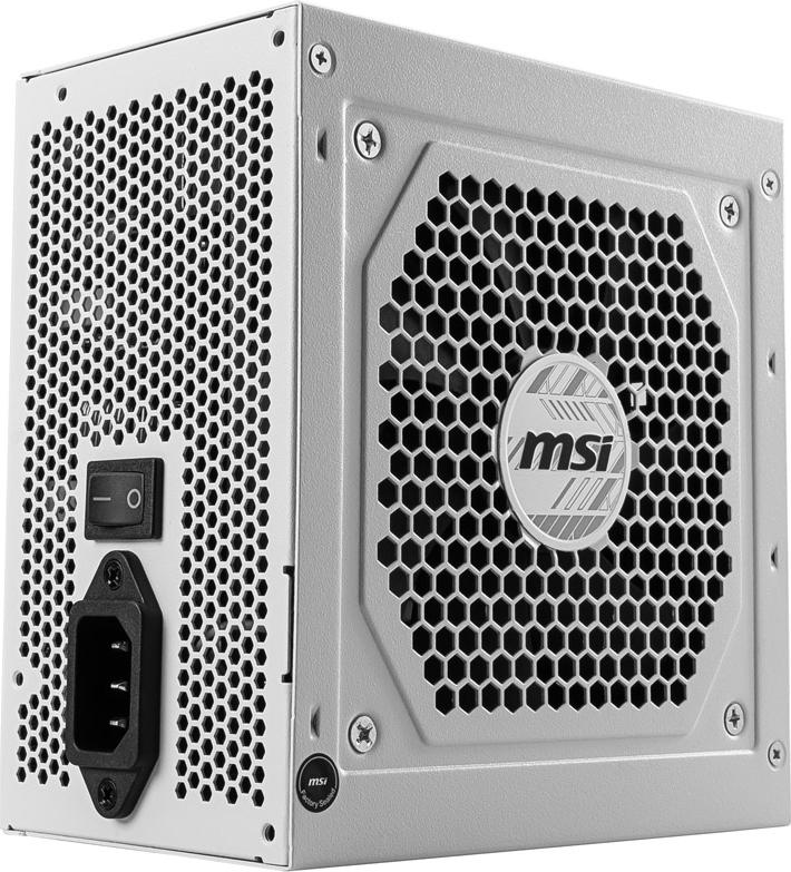 Ein silbernes MSI-Netzteil. Es hat eine Wabenbelüftung, einen Netzschalter und einen IEC-Anschluss. Das MSI-Logo ist sichtbar.