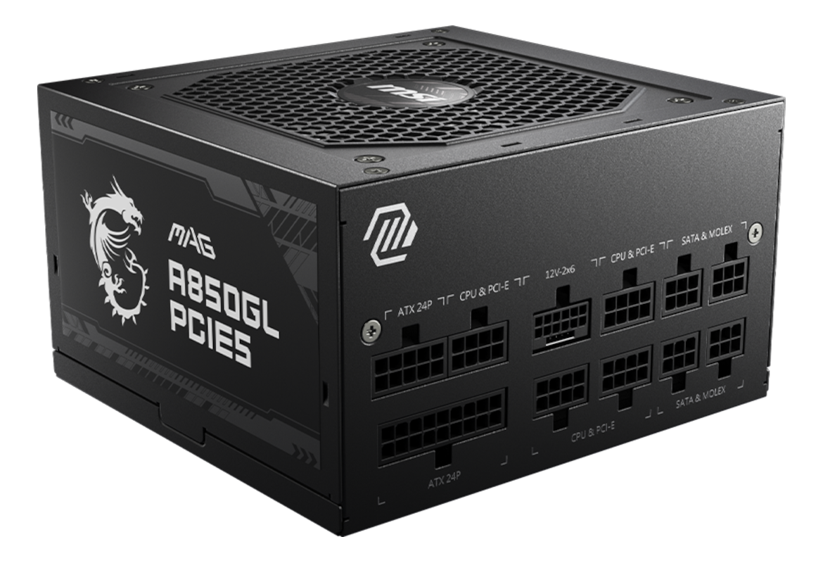 Ein schwarzes MSI MAG A850GL PCIE Netzteil. Es hat mehrere Anschlüsse und ein Lüftergitter oben.