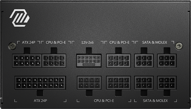 Nahaufnahme eines schwarzen Netzteils mit mehreren Anschlüssen, beschriftet mit ATX, CPU, PCI-E, SATA und Molex.