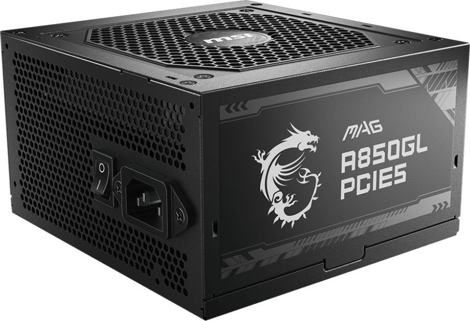 Ein schwarzes MSI MAG A850GL PCIE5 Netzteil. Es hat ein Drachenlogo und einen Netzschalter. Der Körper hat Lüftungslöcher.