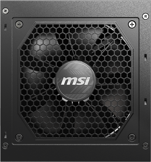Schwarzes Computer-Netzteil. Ein schwarzer Lüfter ist hinter einem Wabengrill mit dem MSI-Logo in der Mitte zu sehen.