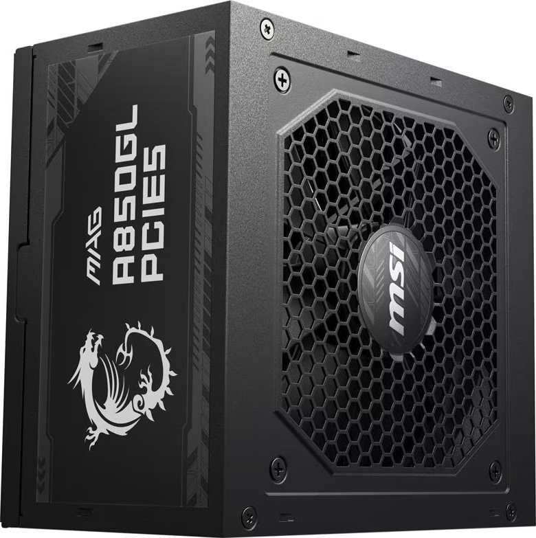 Ein schwarzes MSI-Netzteil. Es hat ein Wabenmuster und ein Drachenlogo. Der Text umfasst MAG, R850GL PCIE und MSI.