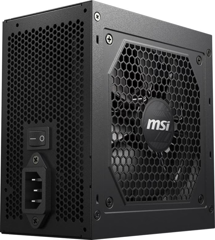 Ein schwarzes MSI-Netzteil. Es hat ein Wabennetz, einen Netzschalter und einen IEC-Netzanschluss. Das MSI-Logo ist sichtbar.