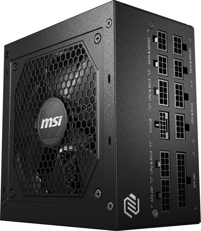 Schwarzes MSI-Netzteil. Verfügt über ein Wabengitter, das MSI-Logo und verschiedene Anschlüsse mit der Bezeichnung ATX, CPU, SATA und MOLEX.