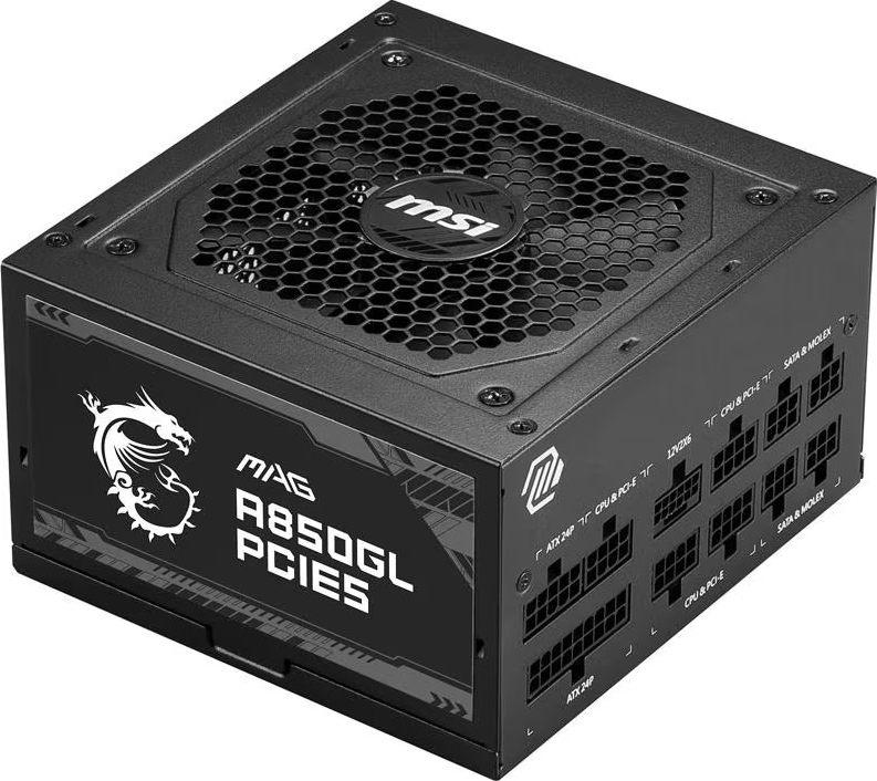 Schwarzes MSI MAG A850GL PCIE Netzteil. Es hat mehrere Anschlüsse und einen Lüfter. Das MSI-Logo ist oben sichtbar.