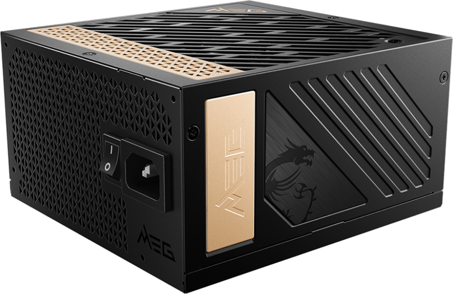 Alimentatore MSI nero con dettagli dorati. Dispone di interruttore di alimentazione, ventilazione e logo del drago.